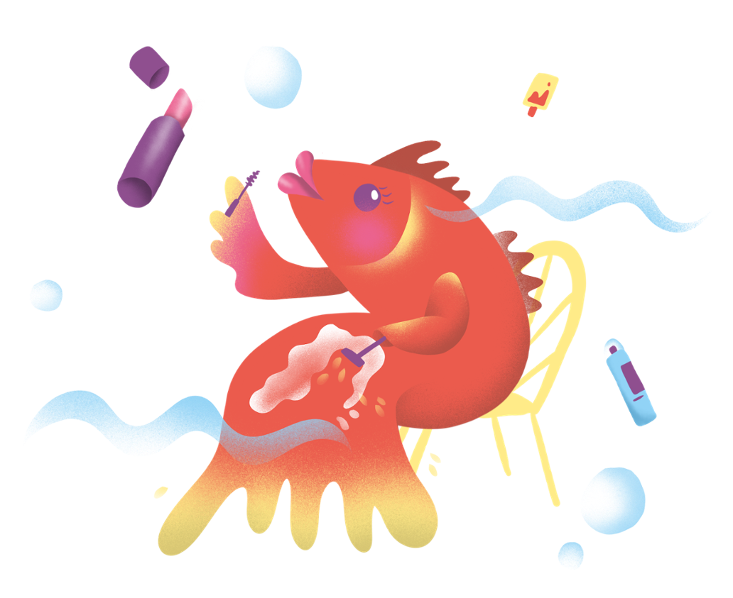 Illustratie van een vis omringd door cosmetica-producten