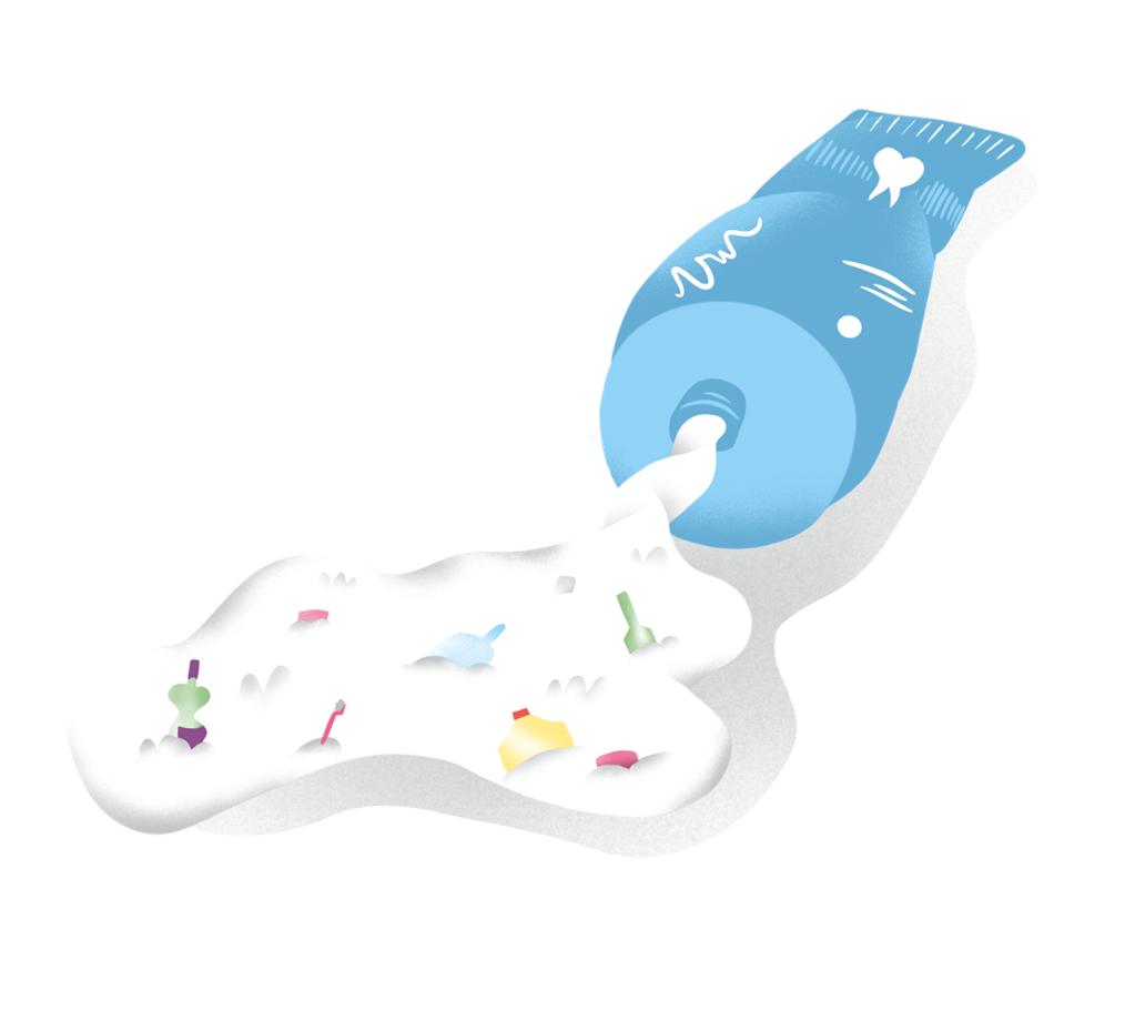 Illustratie van een uitgeknepen tandpastatube, waarbij de tandpasta vol plastic zit.