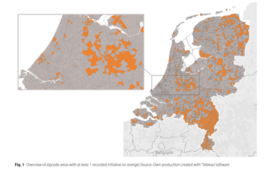 Een landkaart van Nederland te zien is waar zorgcollectieven gevestigd zijn.